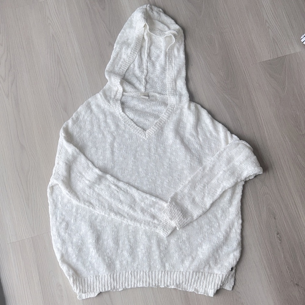 Roxy Cotton Women’s Sweater Hood M White Knit V-Neck Cozy Casual Beach Textured